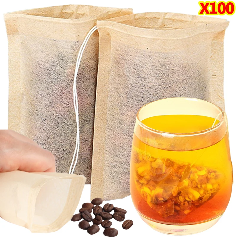 Herbal Wellness Products - 100 ชิ้น Teabags พร้อมสายรัดกรองถุงชาเปล่าสําหรับกาแฟ Bean Leaf