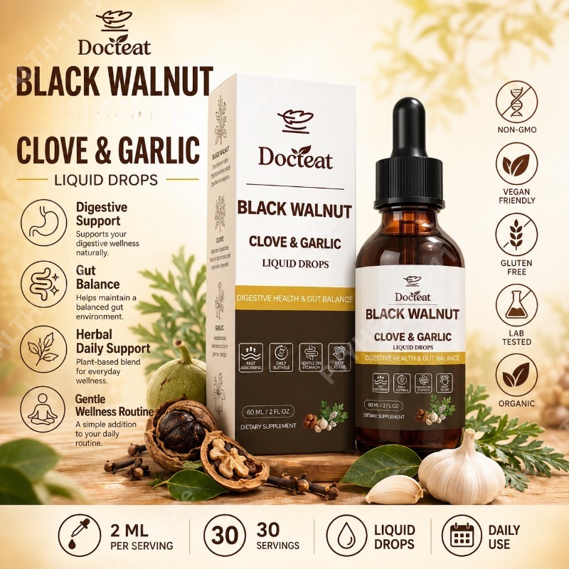 Herbal Wellness Blend - น้ำมันหอมระเหยแบล็ควอลนัทและกานพลูผสมกระเทียมและออริกาโน สำหรับช่วยระบบย่อยอาหารและสุขภาพทั่วไป 60 มล.